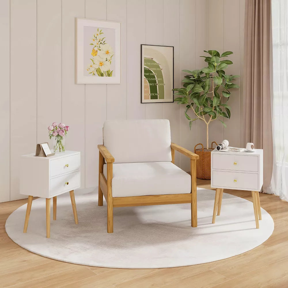 1-Piece Mid Century Modern 2 Drawers Nightstand Sofa Side End Table White