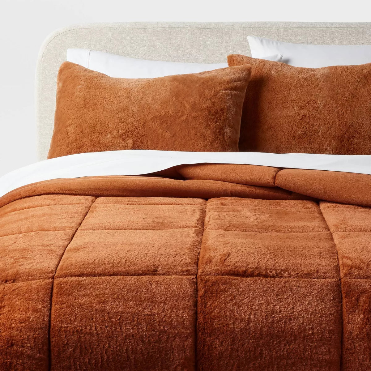 Luxe Box Stitch Faux Rabbit Fur Comforter and Sham Set Brown - Full/Queen