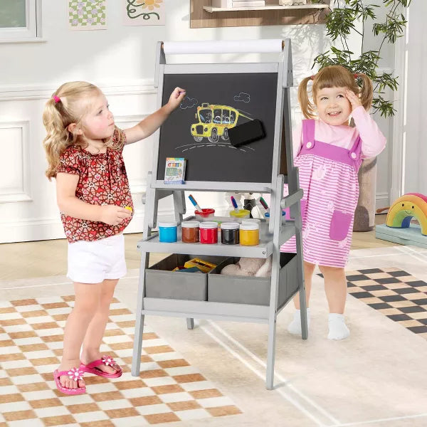 3-in-1 Art Easel for Kids with Magnetic Chalkboard & Whiteboard Paper Roll Gray