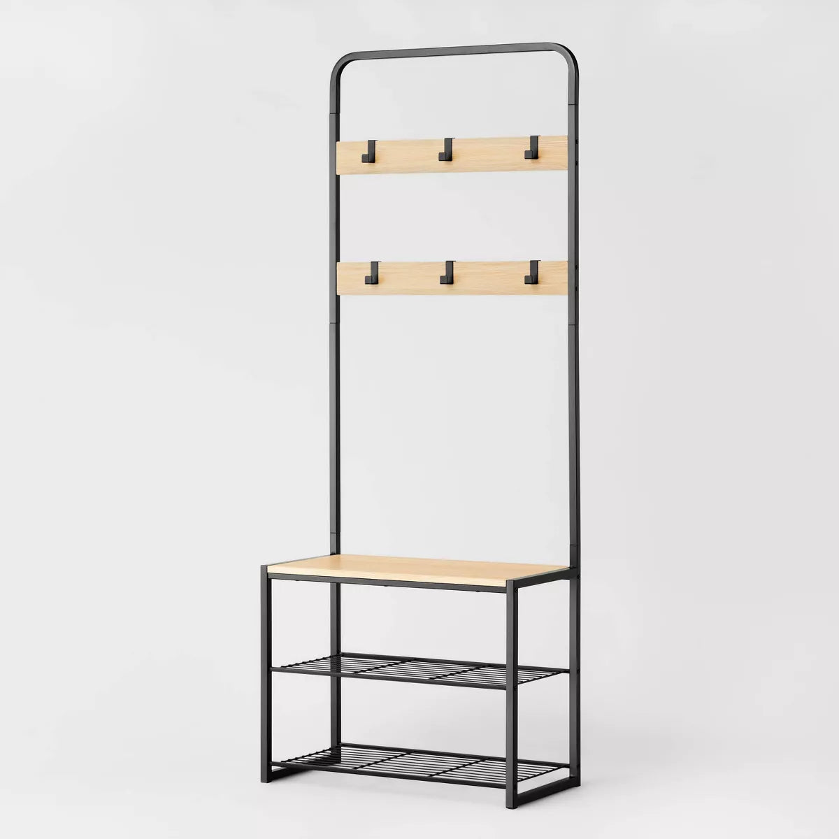 3 Tier Entry Bench with Hooks Black Metal with Natural Wood