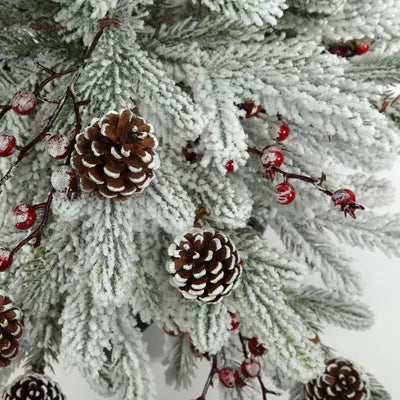 Unlit Flocked Stockhorn Artificial Christmas Tree: Pinecones, Berries, Sheltered Outdoor Use