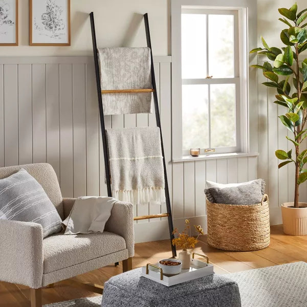 Wood & Steel Blanket Ladder Black/Natural - Farmhouse Style, No Assembly Required