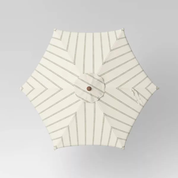 beige and white striped patio umbrella Round Striped Scalloped Fringe Edge Outdoor Patio Market Umbrella Crea – Salvage & Co Indy