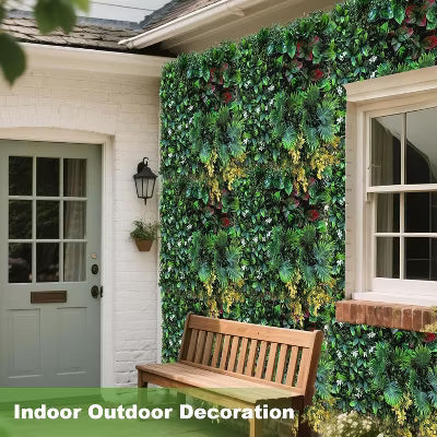 Artificial Grass Wall Panels 6PCS - Boxwood Privacy Screen with Zip Ties & Tropical Leaves