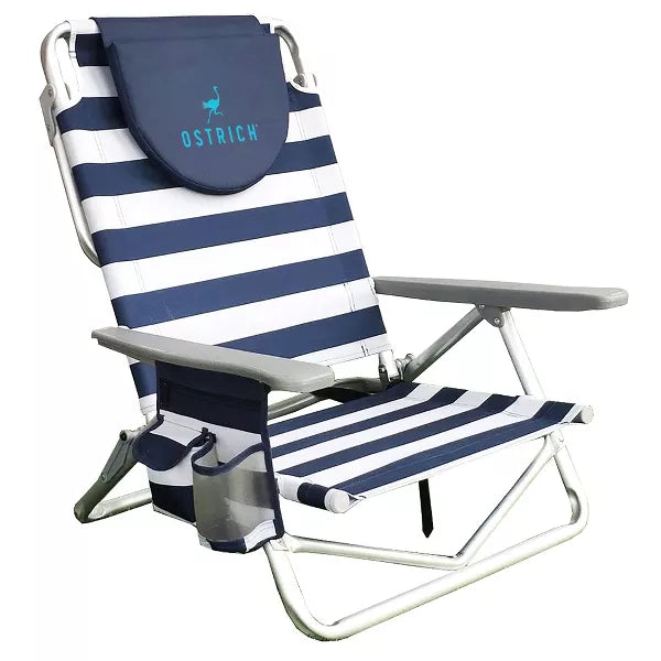 On-Your-Back Sand Chair, Beach Reclining Lawn Chair w/Backpack Straps, Outdoor Furniture for Pool, Camping, or Backyard, Blue Stripe