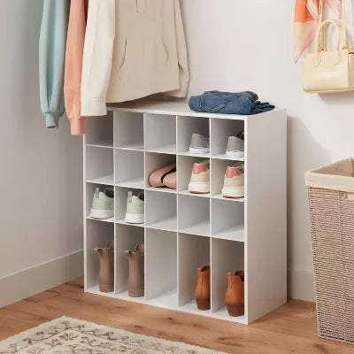 4 Tier Laminate Stackable Shoe Cubby White  Shoe Rack Organizer, Holds 20 Pairs, Wood Laminate, Freestanding