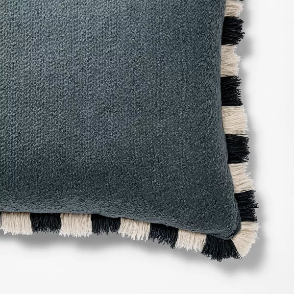 Solid Texture Lumbar Throw Pillow with Stripe Fringe