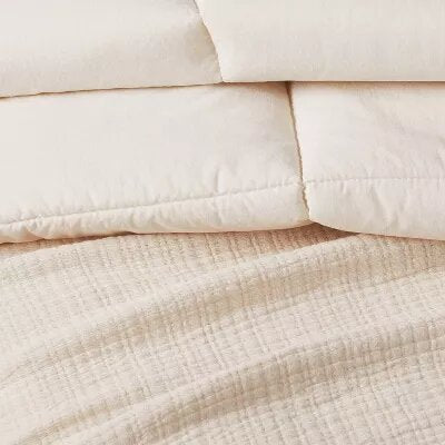 King Textured Chambray Cotton Comforter & Sham Set Natural - EKO-TEX Certified, 250 Thread Count, Zipper Closure