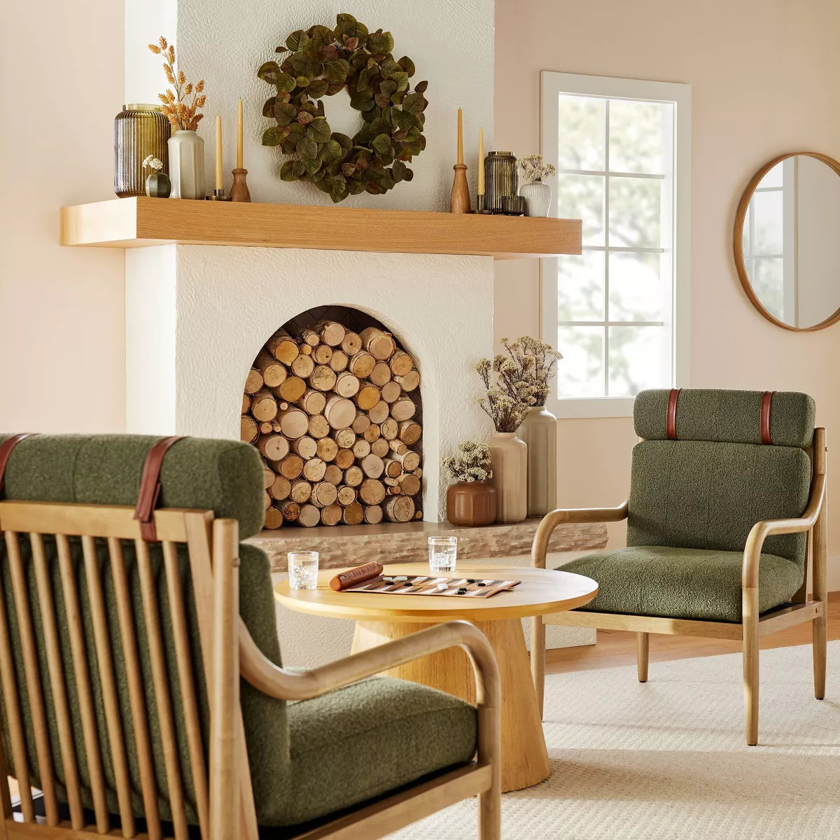 Boucle Upholstered Wood Accent Arm Chair - Olive Green SHOWROOM ITEM