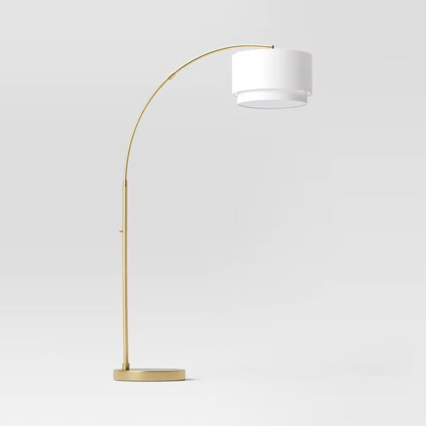 Knurled Metal Arc Floor Lamp with Tiered Shade Brass -Curved Standing Illumination
