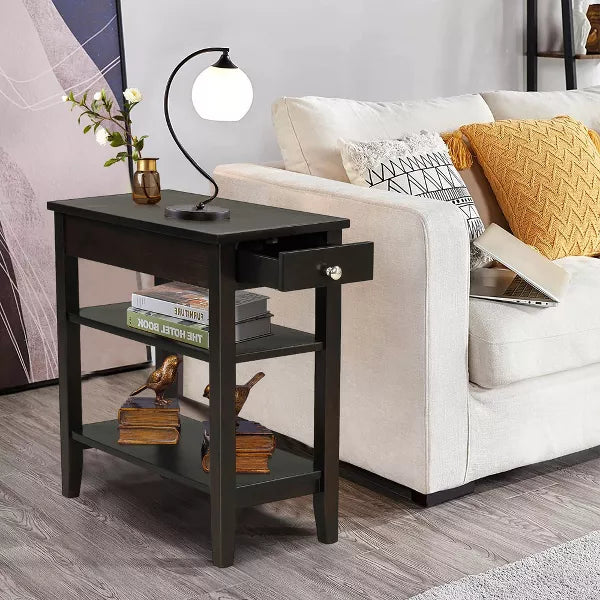 3-Tier Side End Table with Drawer Double Shelf Narrow Nightstand Espresso-Black
