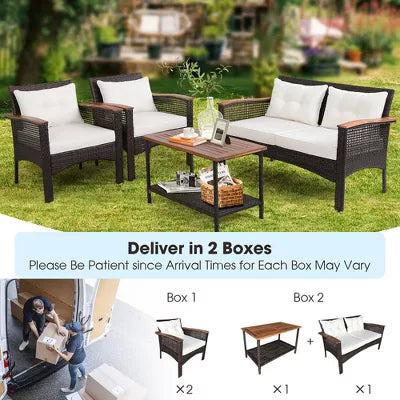 4PCS Patio Rattan Acacia Wood Furniture Set Cushion Sofa Armrest Deck