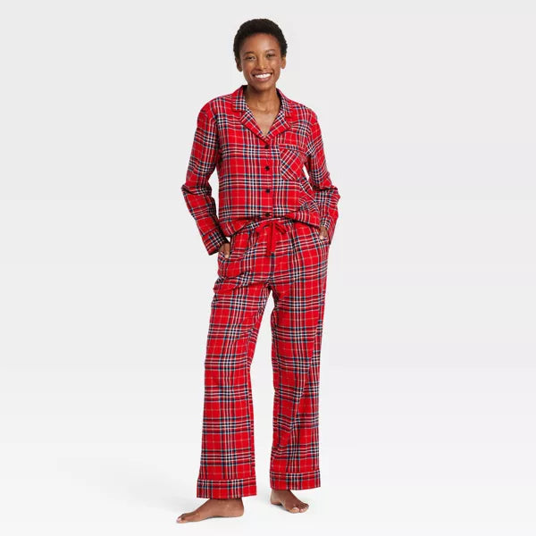 Women's Plaid Flannel Holiday Matching Family Pajama Set Red