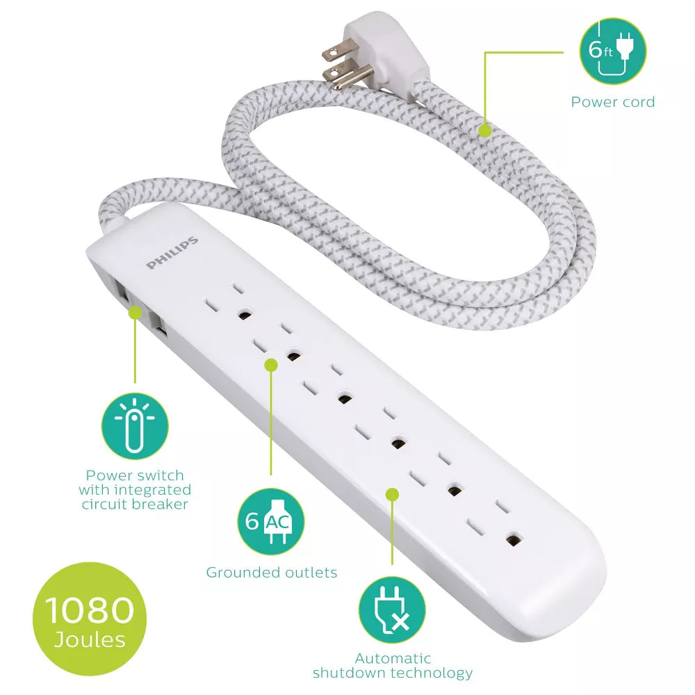 Philips 6-Outlet Surge Protector with 6ft Extension Cord, final cut