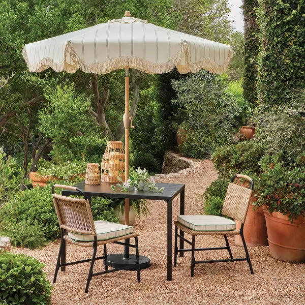 Round Striped Scalloped Fringe Edge Outdoor Patio Market Umbrella Cream