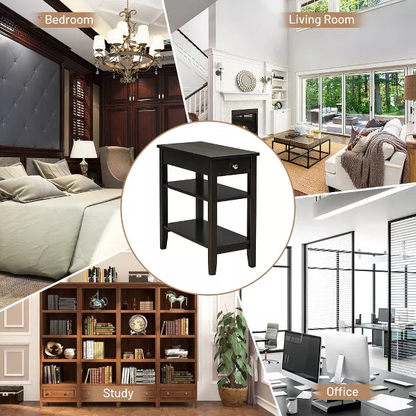 3-Tier Side End Table with Drawer Double Shelf Narrow Nightstand Espresso-Black