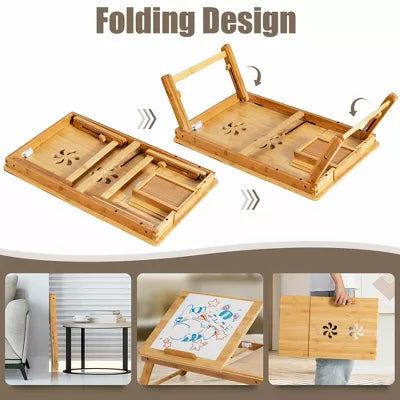 Bamboo Laptop Desk Adjustable Folding Bed Tray w/Drawer Heat Dissipation