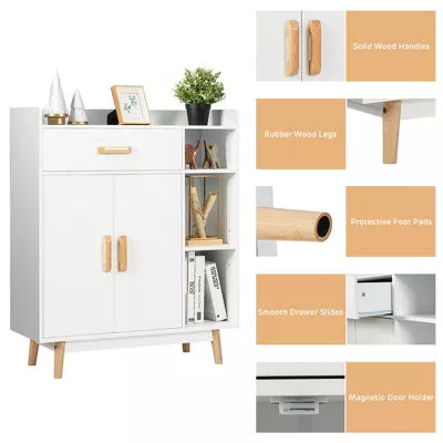 Floor Storage Cabinet Free Standing Cupboard Chest w/1 Drawer 2 Doors 3 Shelves