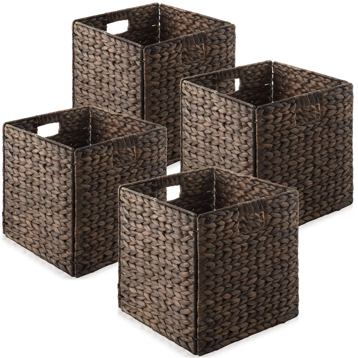 Water Hyacinth Storage Baskets - Set of 4 Collapsible Cubes, Woven Bin Organizers