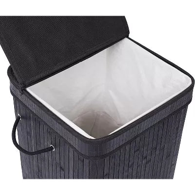 Bamboo Square Laundry Hamper with Lid and Cloth Liner - Black