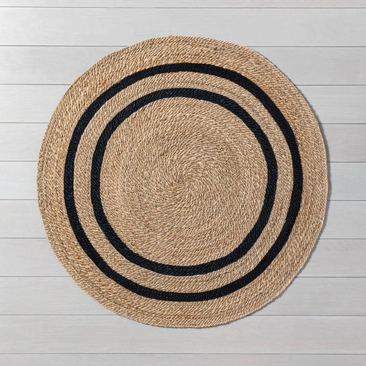 Round Double Stripe Braided Jute Area Rug Charcoal/Tan - Indoor Farmhouse Style, Machine Made