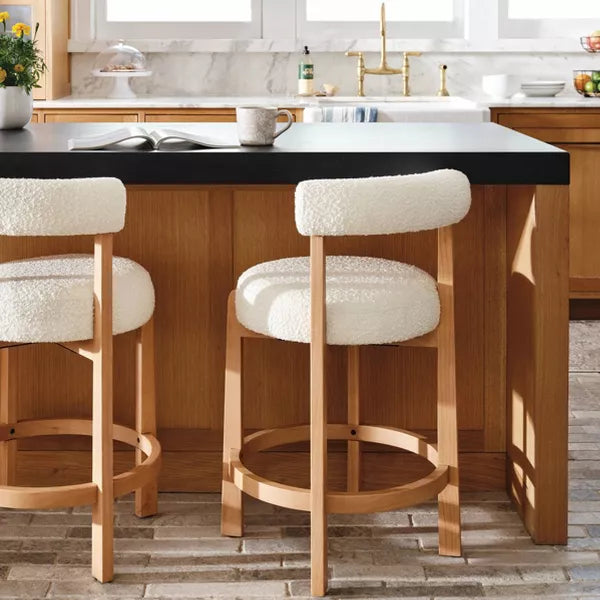 Sculptural Upholstered and Wood Boucle Counter Height Barstool Cream - Round, Stained, Polyurethane Foam Filled