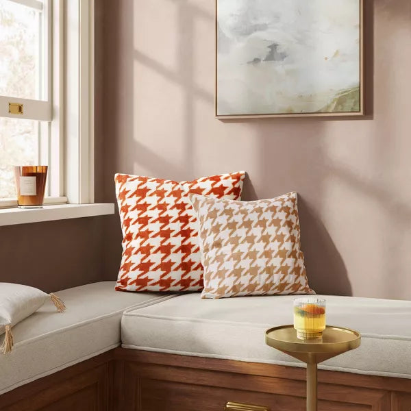 Printed plush Houndstooth Square Throw Pillow with Faux Shearling Reverse