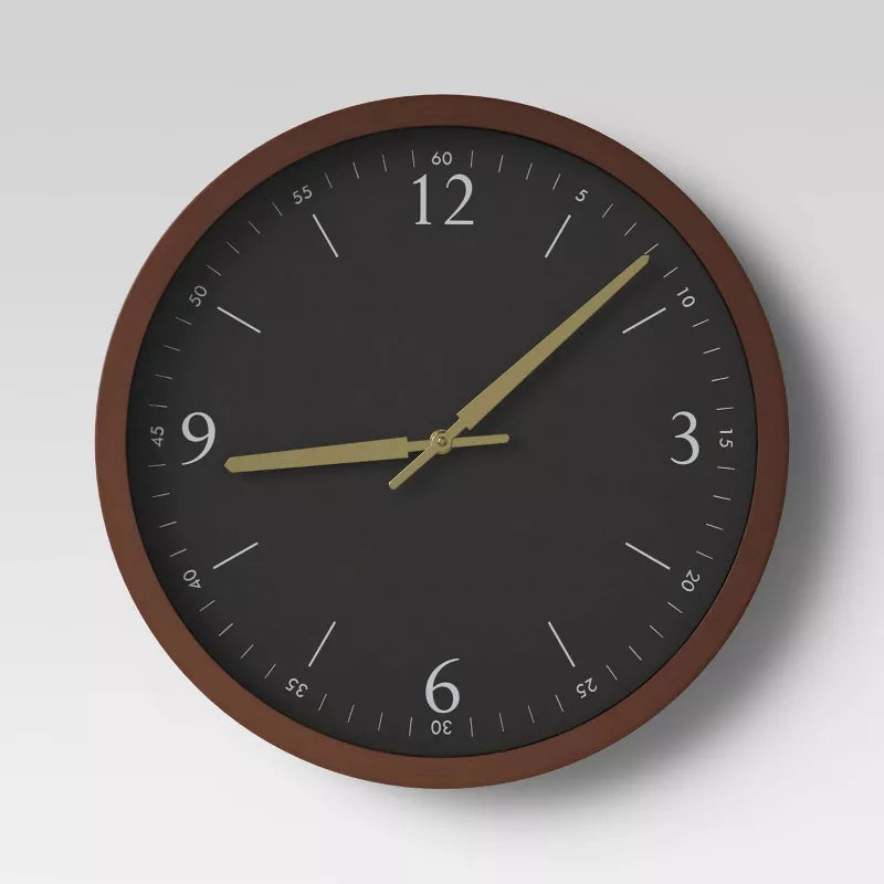 Walnut Woodgrain Wall Clock Black - Modern Analog Display, Indoor Decorative Timepiece