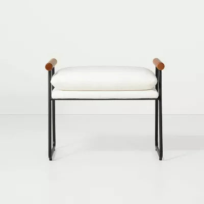 Cushioned Metal & Wood Ottoman - Cream/Black