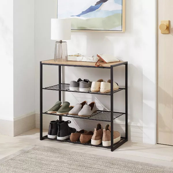 4 Tier Shoe Rack Black Metal with Natural Wood
