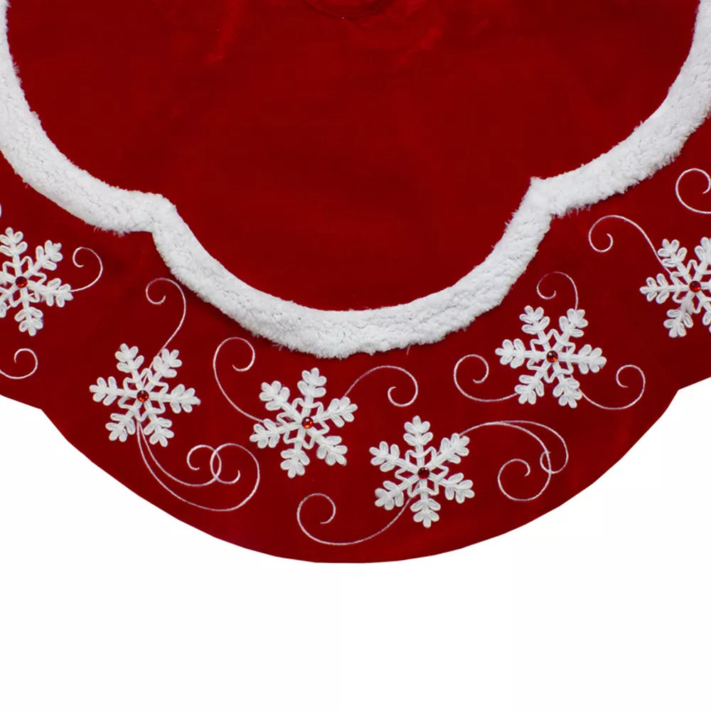 Velvet Red and White Snowflake Scallop Christmas Tree Skirt final cut