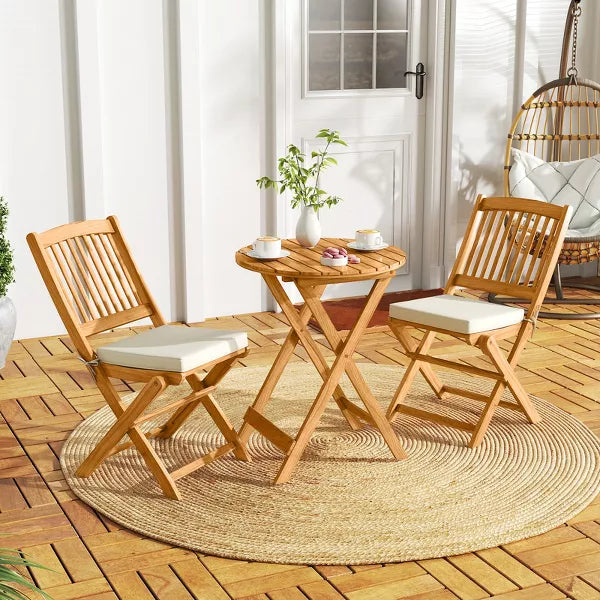 2 PCS Patio Bistro Set Acacia Wood Folding Set w/ Round Coffee Table & Padded Cushion Outdoor Chair and Table Set for Balcony Garden Beige