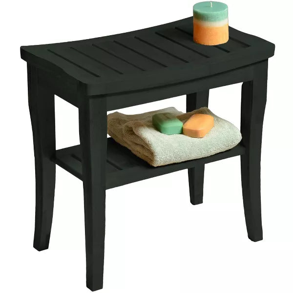 Bamboo Shower Bench Spa Stool - Wood 2-Tier Seat, Foot Rest Shaving Stool with Non-Slip Feet + Storage Shelf - Seat Organizer for Bathroom Living Room