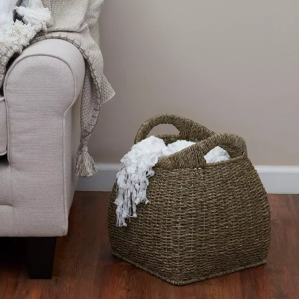 Basket with Handles Seagrass: Handwoven Round Storage, Brown Decorative Wicker