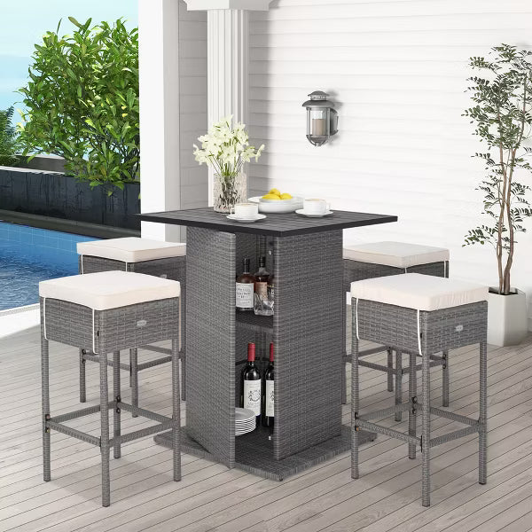 Outdoor Wicker Bar Table with Hidden Storage Shelves Bar