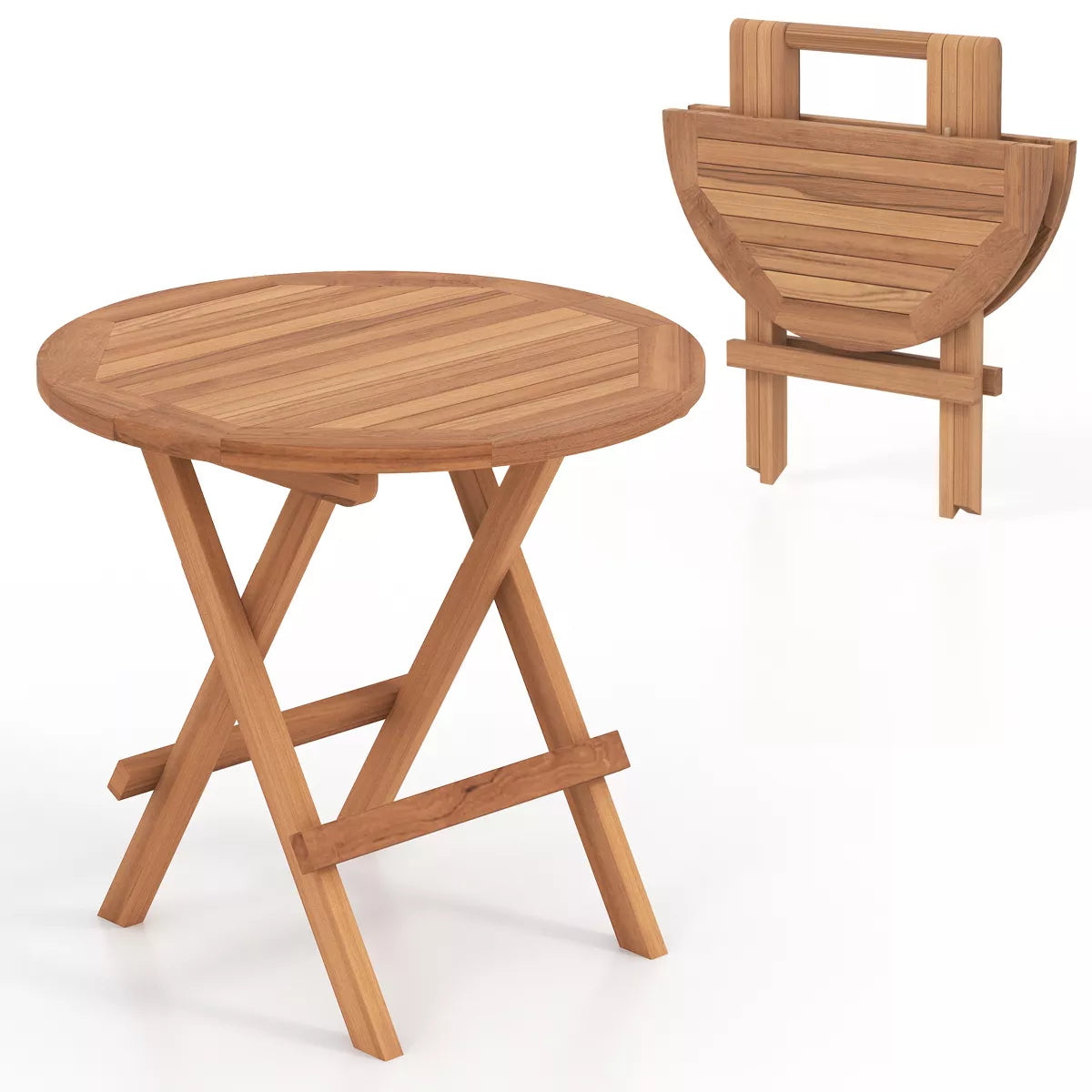 Patio Folding Side Table Indonesia Teak Wood Round Slatted Tabletop Portable Camping