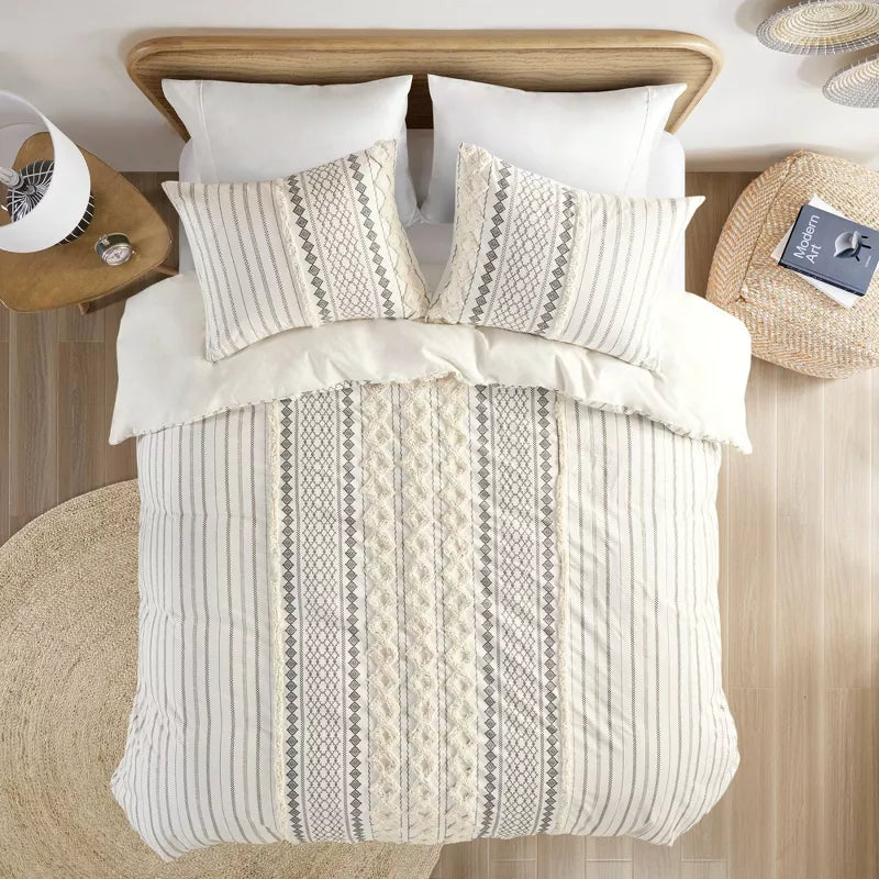 3pc Imani Cotton Printed Duvet Cover Set with Chenille - Full/Queen