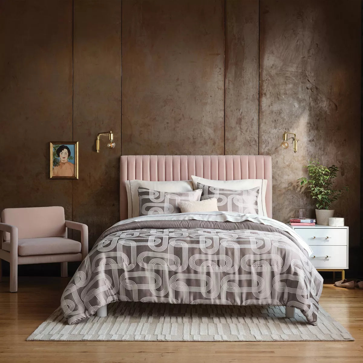 8pc Jacquard Chain Link Comforter and Sheet Set Taupe - Queen