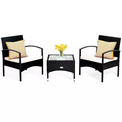 2 PCS Furniture Set Table & 2 Chair Patio Wicker Rattan W/Cushion