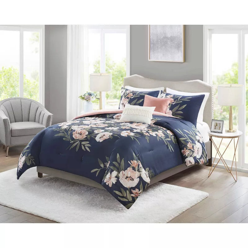 Leilani Floral Print Comforter Bedding Set Navy/Blush- King