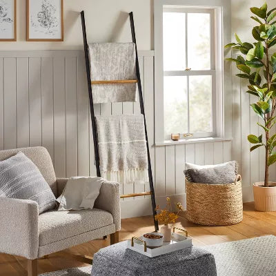 Wood & Steel Blanket Ladder Black/Natural - Farmhouse Style