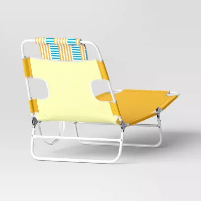 Recycled Fabric Outdoor Portable Beach Lounger with Headrest Yellow - Weather-Resistant, Steel Frame