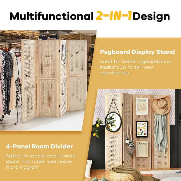 4-Panel Pegboard Display Folding Privacy Screen Craft Display