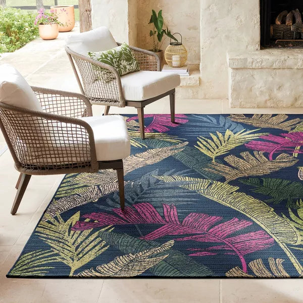 Palm and Banana Tropical Outdoor Area Rug Navy Blue 7'x10'