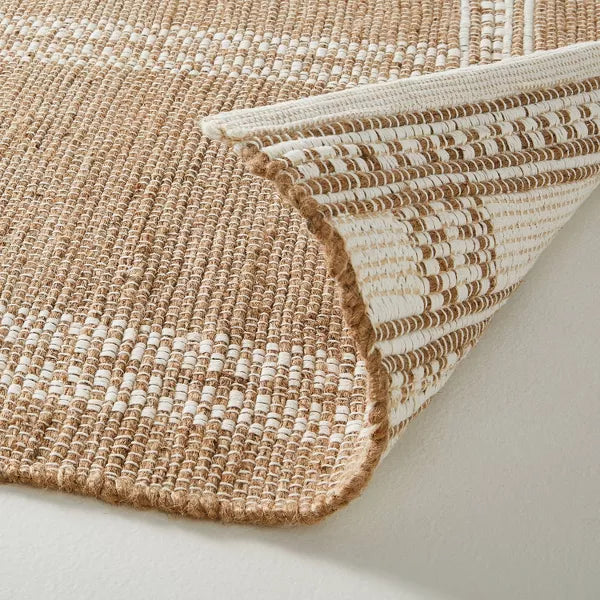 Border Plaid Handmade Jute Woven Area Rug Natural/Cream