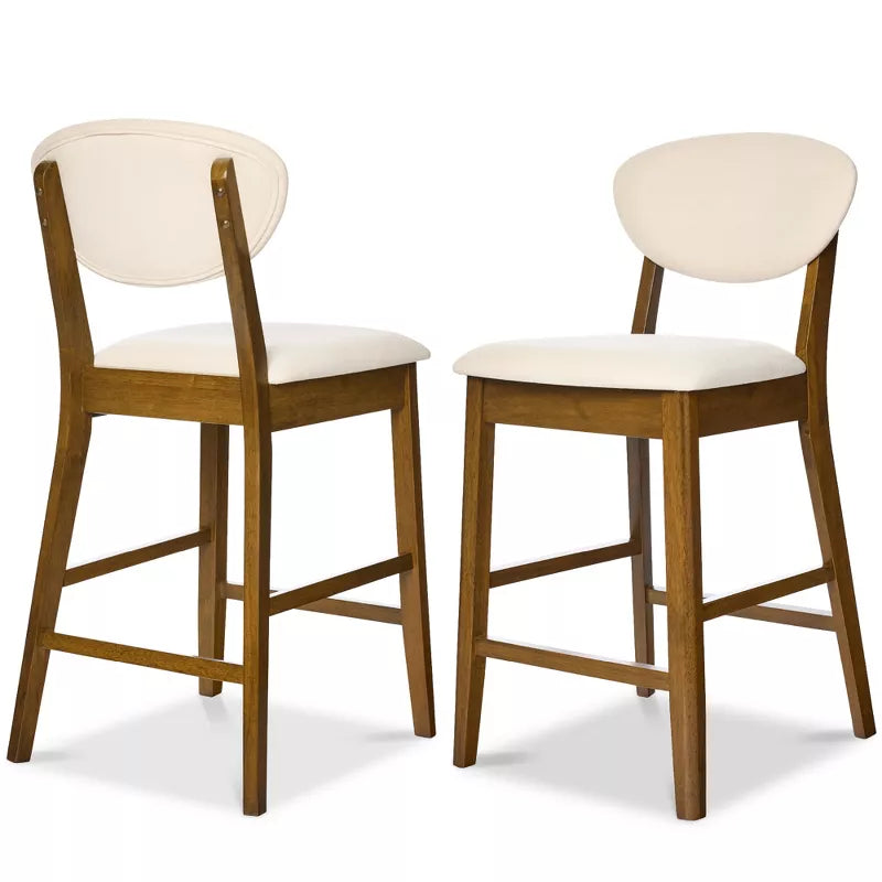 2-Piece Mid-Century Modern Wood and Upholstered Counter Height Bar Stool Set