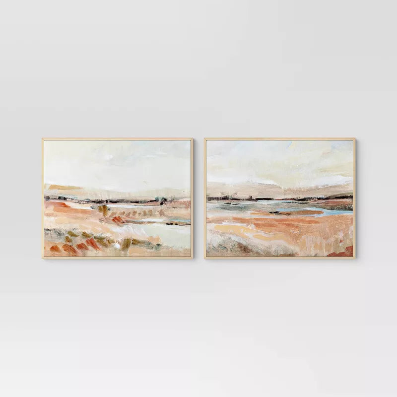 (Set of 2)  Faded Landscape Framed Wall Canvases Natural -  Polystyrene Frame, Blockprint Art