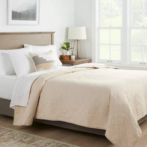 King Diamond Stitch Cotton Linen Quilt Khaki - OEKO-TEX Certified, Midweight Coverlet