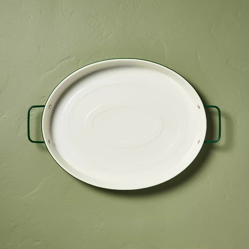 Enamel-Coated Metal Oval Serving Tray Cream/Green