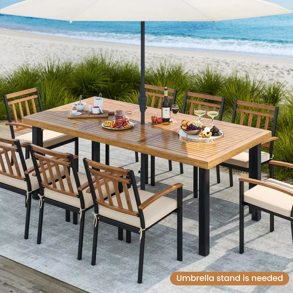 Acacia Wood Dining Table for 8 People, Large Rectangular Patio Table with Built-in Umbrella Hole